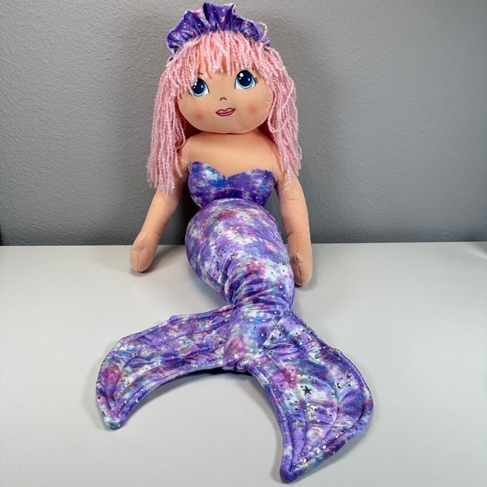 VTG Well Made Toy Mermaid 39" JUMBO Plush Pillow Pink Yarn Hair Galaxy Star Tail